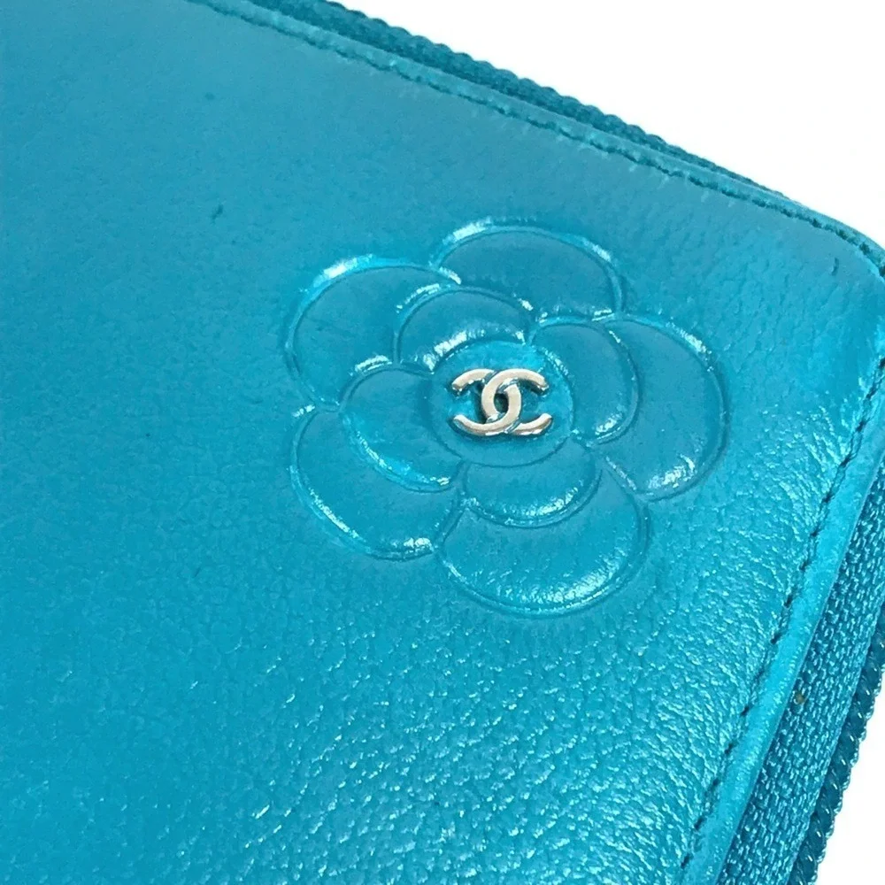 CHANEL Authentic Blue Leather Logo Wallet